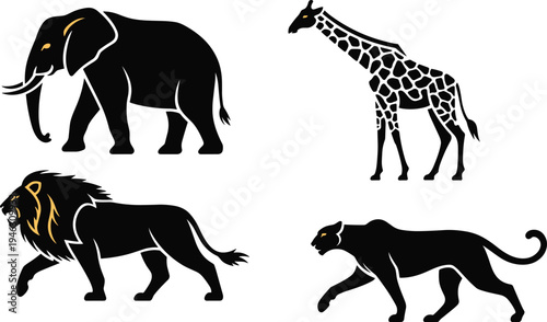African wildlife animal silhouettes elephant giraffe lion and panther safari animals black vector illustration set isolated design collection
