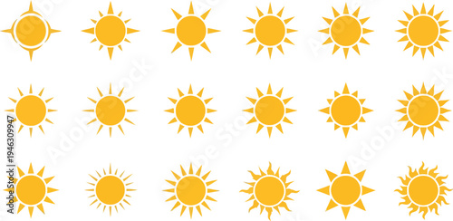 Eighteen distinct yellow sun icons display various ray patterns and sizes against a white background.