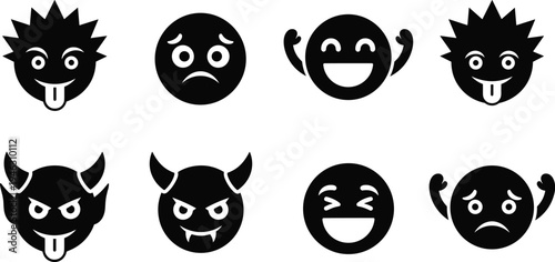 Funny emoji monster faces set, cartoon devil emoticons collection, spooky Halloween smiley icons, cute scary character silhouettes vector