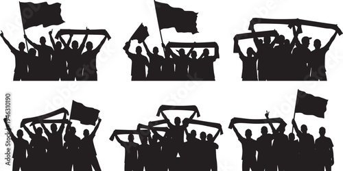 Crowd silhouette set, people with flags, protest scene, celebration pose, unity gesture, black vector art, public gathering, demonstration moment, social movement
