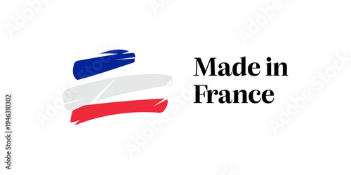 Vector graphic of Made in France text next to an abstract French flag. Blue, white, red brush strokes on white background symbolize product origin, quality, and national identity.