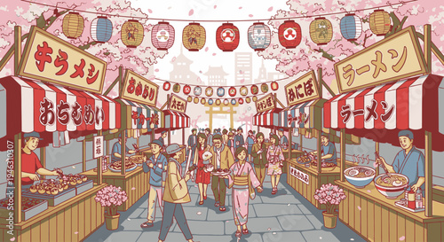 Vibrant illustration of a Japanese food market with people shopping and vendors selling food under cherry blossoms and colorful signs.