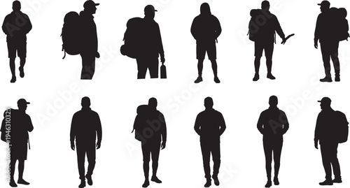 Silhouettes of travelers with backpacks walking near airplane, representing global tourism, adventure, migration, journey, flight, exploration, travel lifestyle, and wanderlust themes