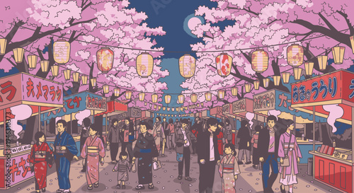 Vibrant illustration of a crowded Japanese festival at night with cherry blossom trees, lanterns, and people in traditional clothing walking down a street with food stalls and shops,