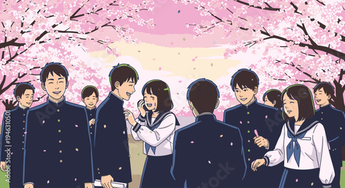 Illustration of a group of Japanese high school students standing together under blooming cherry blossom trees with pink and white petals.