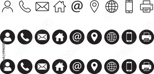 Minimalist contact icons set in three styles, line, black circle, and white circle, featuring communication, address, phone, email, and web interface symbols