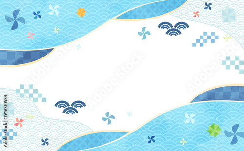 こどもの日のシンプルな水彩風和柄フレーム1_文字なし_横