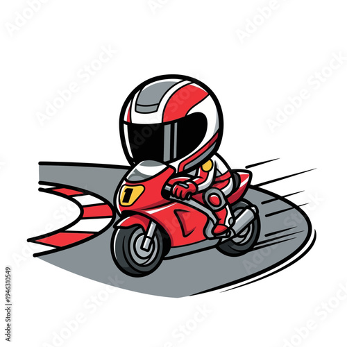 Racing motorcycle rider in red helmet.