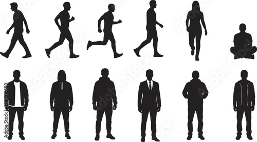 Silhouettes of twelve human figures in dynamic and static poses with varied outfits including casual, hoodie, and suit styles for posture and fashion reference