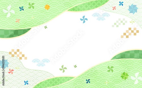 こどもの日のシンプルな水彩風和柄フレーム2_文字なし_横