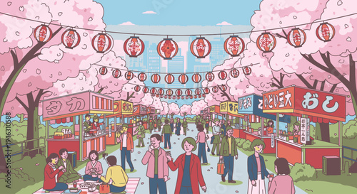 Illustration of a lively festival scene with people walking under pink cherry blossom trees and colorful lanterns in a Japanese market with a joyful and vibrant mood.