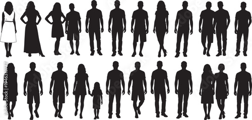 Silhouettes of twenty diverse human figures including adults and children in varied poses and outfits, ideal for design, demographic, and editorial illustration use
