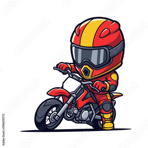 A cartoon character riding a motorcycle.