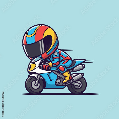 A cartoon motorcyclist riding fast on bike.