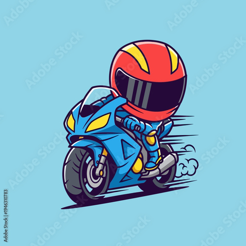 Rider on a blue motorcycle speeding.