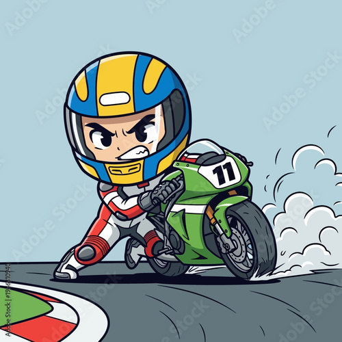 Cartoon motorcycle rider in racing gear.