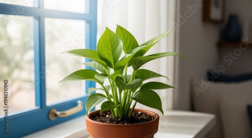 Potted peace lily plant, vibrant green leaves on a windowsill with natural bright lighting
