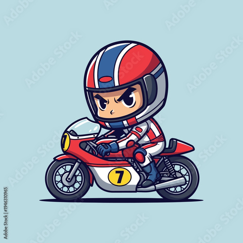 A cartoon motorcycle rider wearing a helmet.