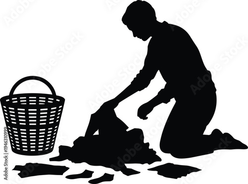 Man collecting garbage silhouette, environmental cleanup volunteer picking trash into basket, recycling waste management concept illustration vector design