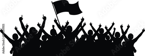 Set of cheering crowd silhouettes with flags and banners, celebrating audience at concert, festival, sports event, or public gathering.