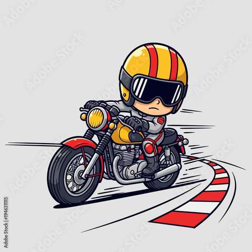 A cartoon character riding motorcycle fast.