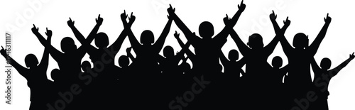 Set of cheering crowd silhouettes with flags and banners, celebrating audience at concert, festival, sports event, or public gathering.