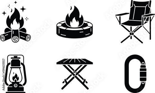 Vector collection of black camping icons and outdoor adventure symbols including campfire, lantern, folding chair, table, and carabiner isolated on white background for tourism design.