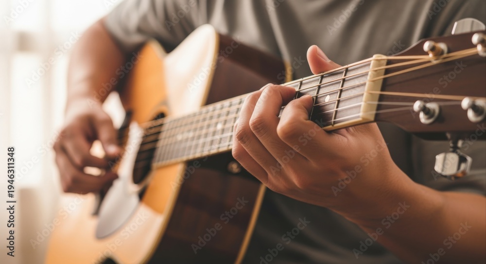 Fototapeta premium Close-up of Musician Playing Acoustic Guitar, Demonstrating Chord Changes and Finger Placement for Music Lessons