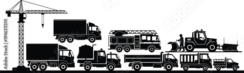 Vector collection of black construction vehicle silhouettes featuring a crane heavy trucks fire engine snow plow and municipal service machinery for industrial design.