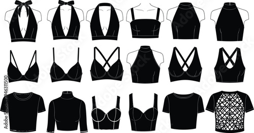 Vector collection of black women's crop tops and fashion clothing icons including halter neck, tank tops, and bra silhouettes isolated on white background.