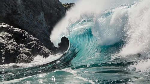 Powerful Ocean Wave Crashing Against Rocky Shoreline - A Display of Natures Force.