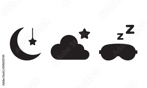 Night time icons with crescent moon and sleep mask