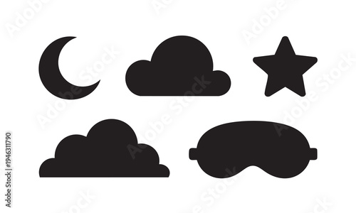 Night time icons with crescent moon and sleep mask