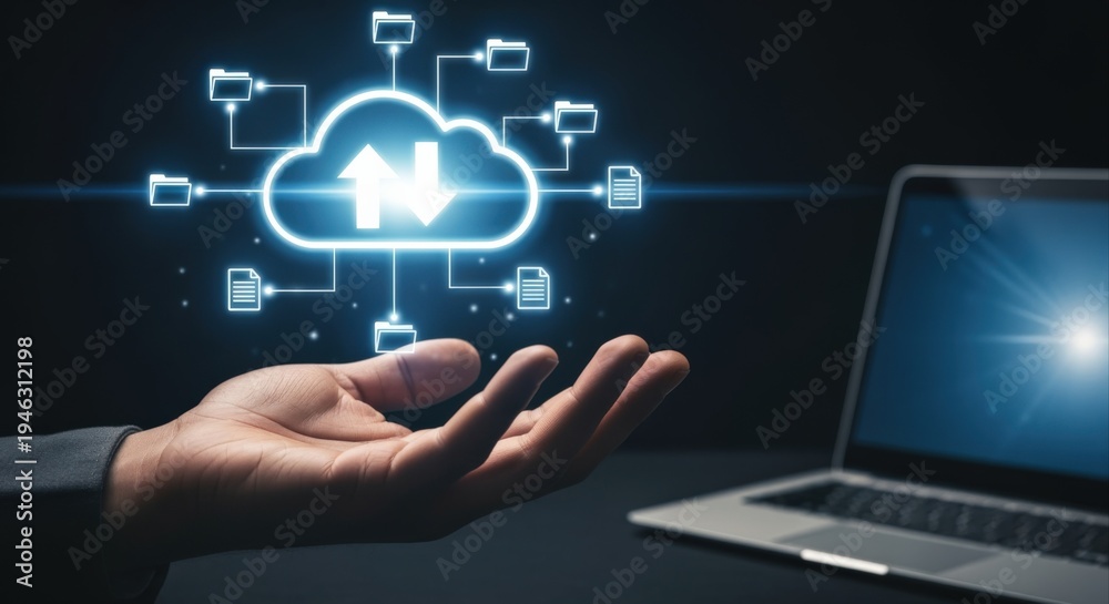 Fototapeta premium Cloud Computing Technology Illustration: Hand Presenting Data Transfer and Storage with Laptop Background