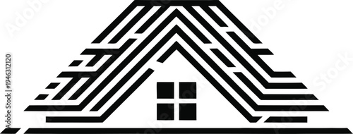 Black and white geometric house with maze lines and a window