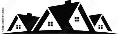 Black and white illustration of stylized houses on a hill