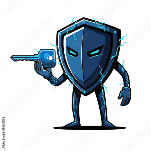 A futuristic cyber security robot with glowing blue eyes holds a key, symbolizing digital protection and advanced technology in a sleek, modern design ideal for tech, business