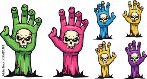 Colorful zombie hands with skull rising from ground, spooky cartoon horror illustration, Halloween undead monster