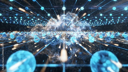 Abstract Molecule Network - This video shows a blue abstract molecule network with connected spheres and lines, with a dark reflective surface below.