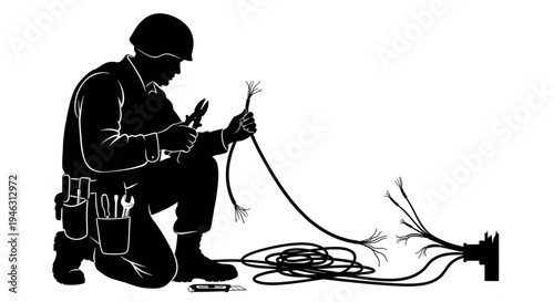 Military Combat Engineer Silhouette Repairing Electrical Cables and Wires