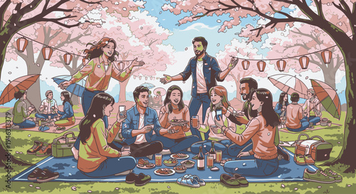 Vibrant illustration of a diverse group of people enjoying a picnic under blooming cherry blossom trees in a park with a joyful and festive atmosphere.