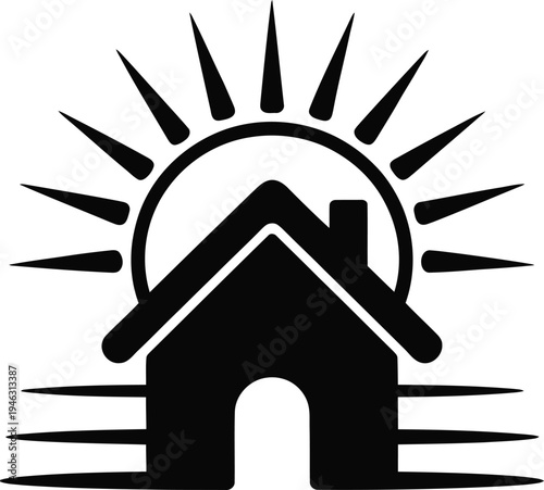 Black silhouette of a house with a sun behind it, Symbolizing eco-friendly living and renewable energy sources for homes