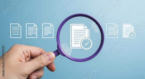 Hand holding magnifying glass over document icons for inspection and review purposes closely