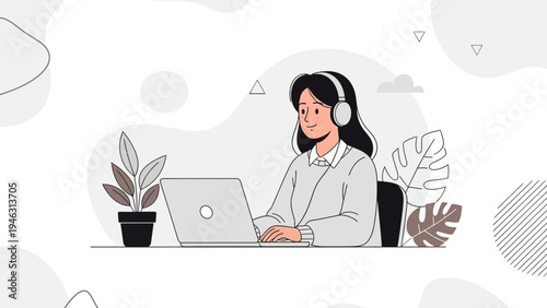 Young Woman Working on Laptop with Headphones - Remote Work, Online Learning