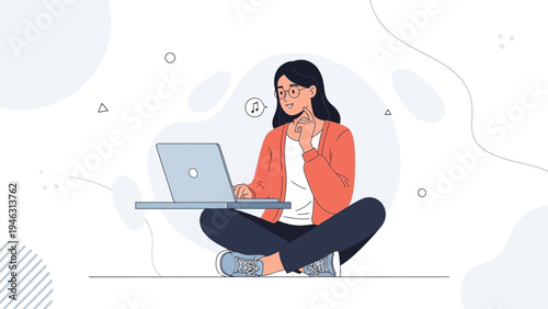 Young Woman Working on Laptop, Listening to Music, Relaxed Sitting Position