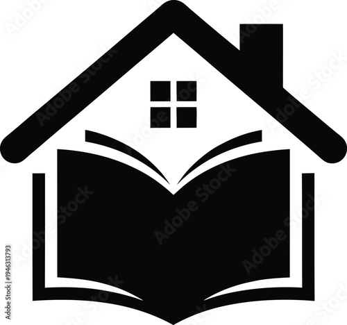 Black and white logo of a house on an open book symbolizing education or home schooling