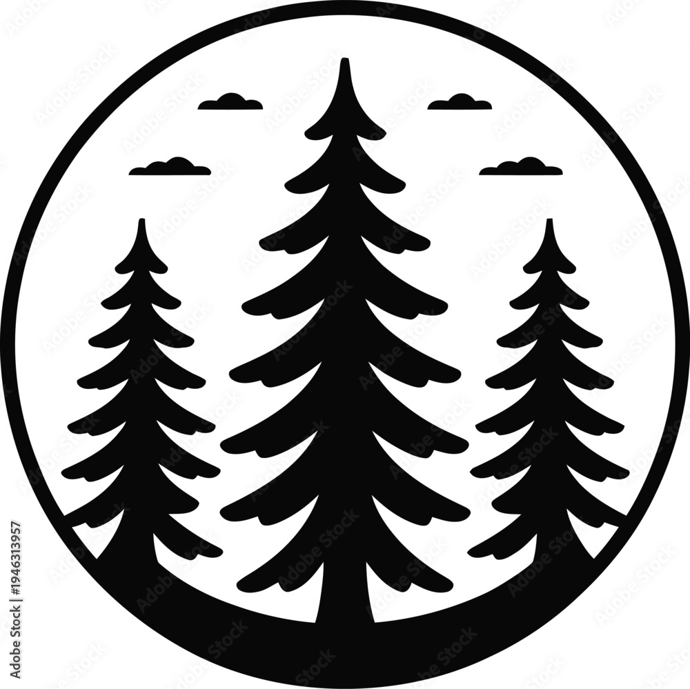 Obraz premium Black silhouette of three pine trees in a circle with clouds