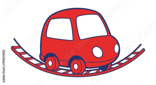 Red cartoon car on a roller coaster track, vector illustration, flat design, fun concept.