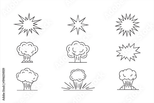 Explosion effect and mushroom cloud icon set for action graphics, hazard visuals and dramatic scenes