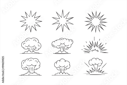 Detonation burst and smoke cloud outline icons for dramatic visuals and action effect elements